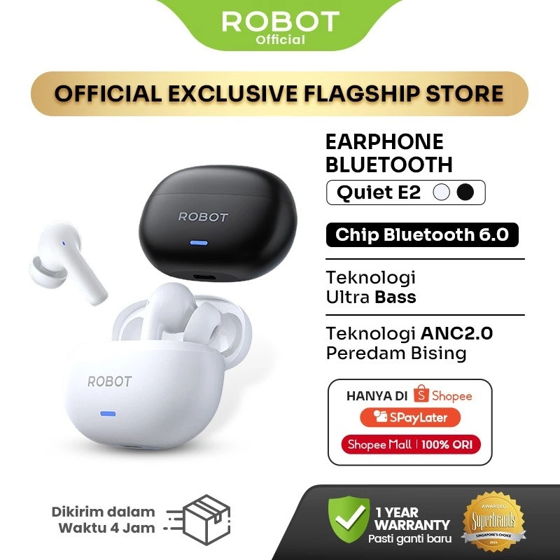 ROBOT New Earphone Bluetooth ANC 2.0 with Bluetooth 6.0 True Wireless Stereo Ultra Bass Algoritma AI