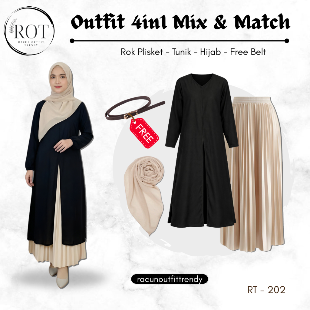 Oneset 4IN1 OOTD Lebaran Kekinian (Tunik, Rok Plisket, Hijab, Free Belt) OOTD Lebaran, Bukber - RT20