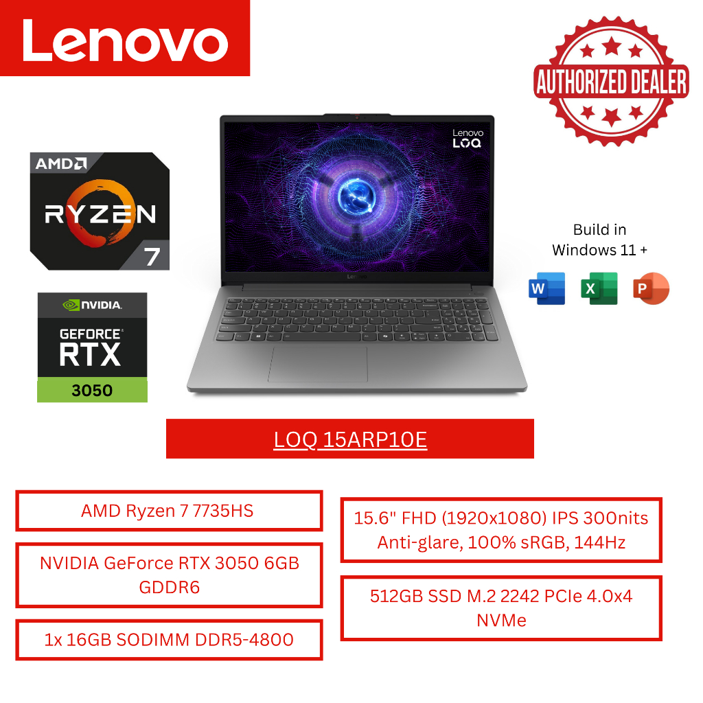 Lenovo LOQ 15ARP10E 83S0001AID  - Ryzen 7 7735HS RTX3050 16GB 512GB W11 + OHS