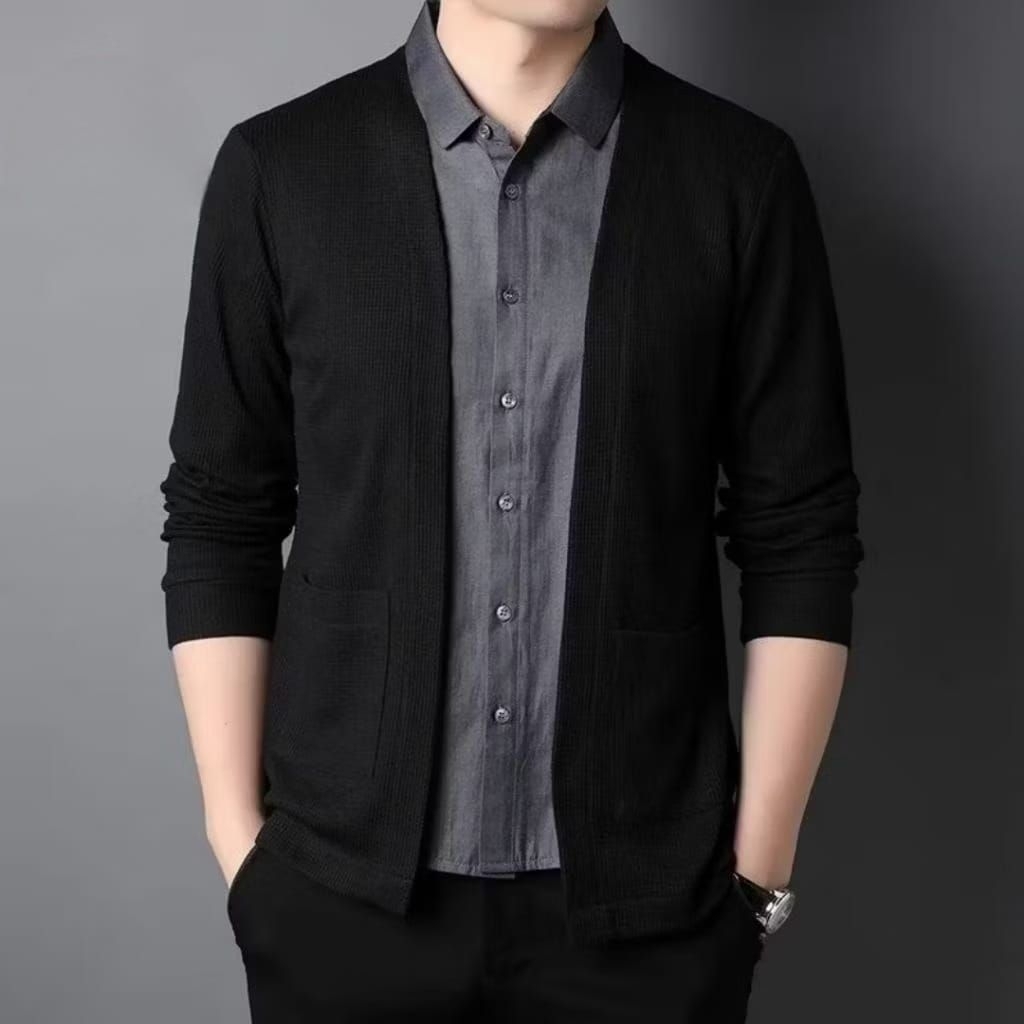 Kameja Cardigan Pria Lengan Panjang Dua lapis Casual Formal slimfit polos Cotton Premium Katun Nyama