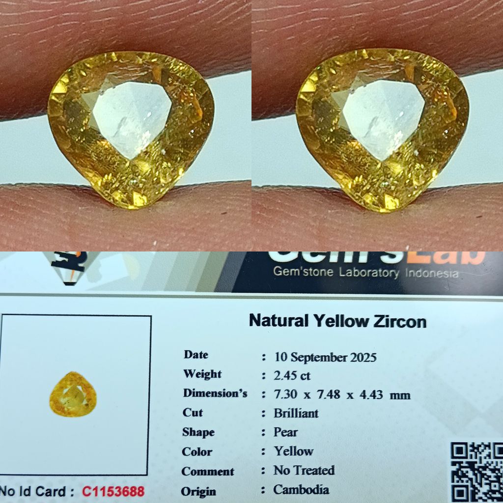 NATURAL YELLOW ZIRCON PEAR NO TREATED CAMBODIA MEMO GLI LAB