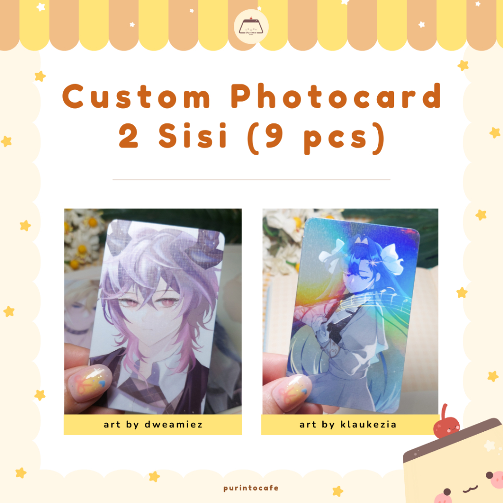 PURINTO Custom Cetak Photocard 2 Sisi (Per A4 isi 9 pcs) Laminasi Glitter, Hologram, Doff, Glossy
