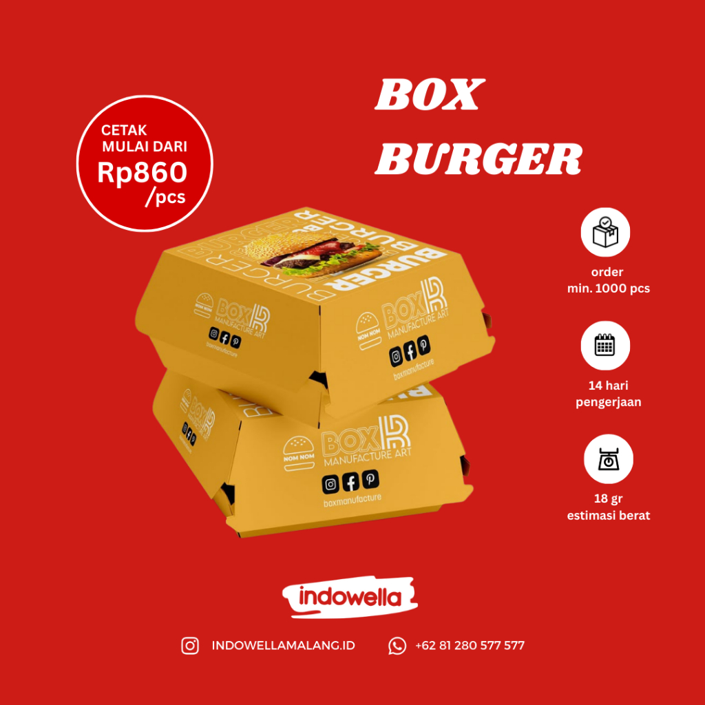 Custom Box Burger | Paper Box Burger | Tahan Minyak | Full Printing | Ivory | Duplek | Kraft