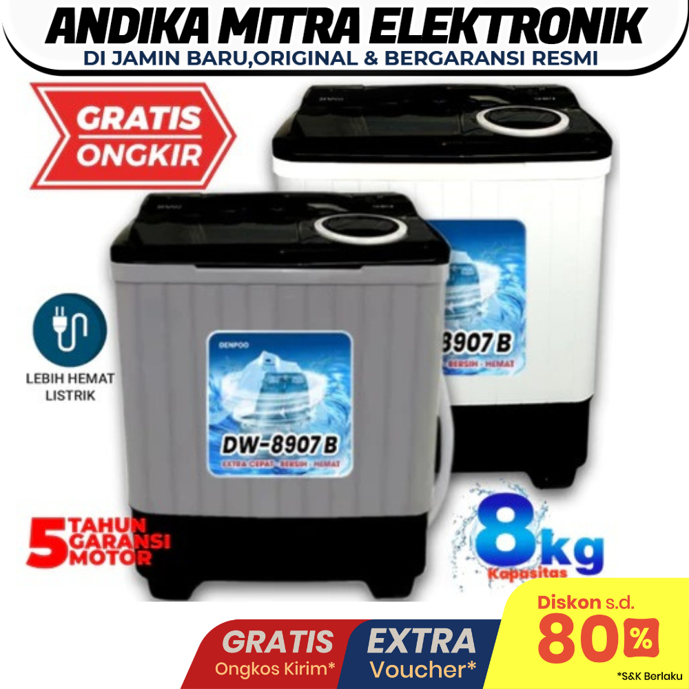 Mesin Cuci 2 Tabung 8 Kg Denpoo New DW 8907B Turbo Pulsator