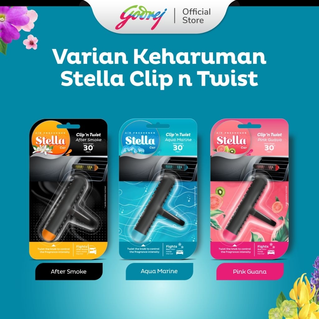 Pengharum Mobil Clip & Twist Stella - Aroma Aqua Marine, Desain Slim, Rotating Clip