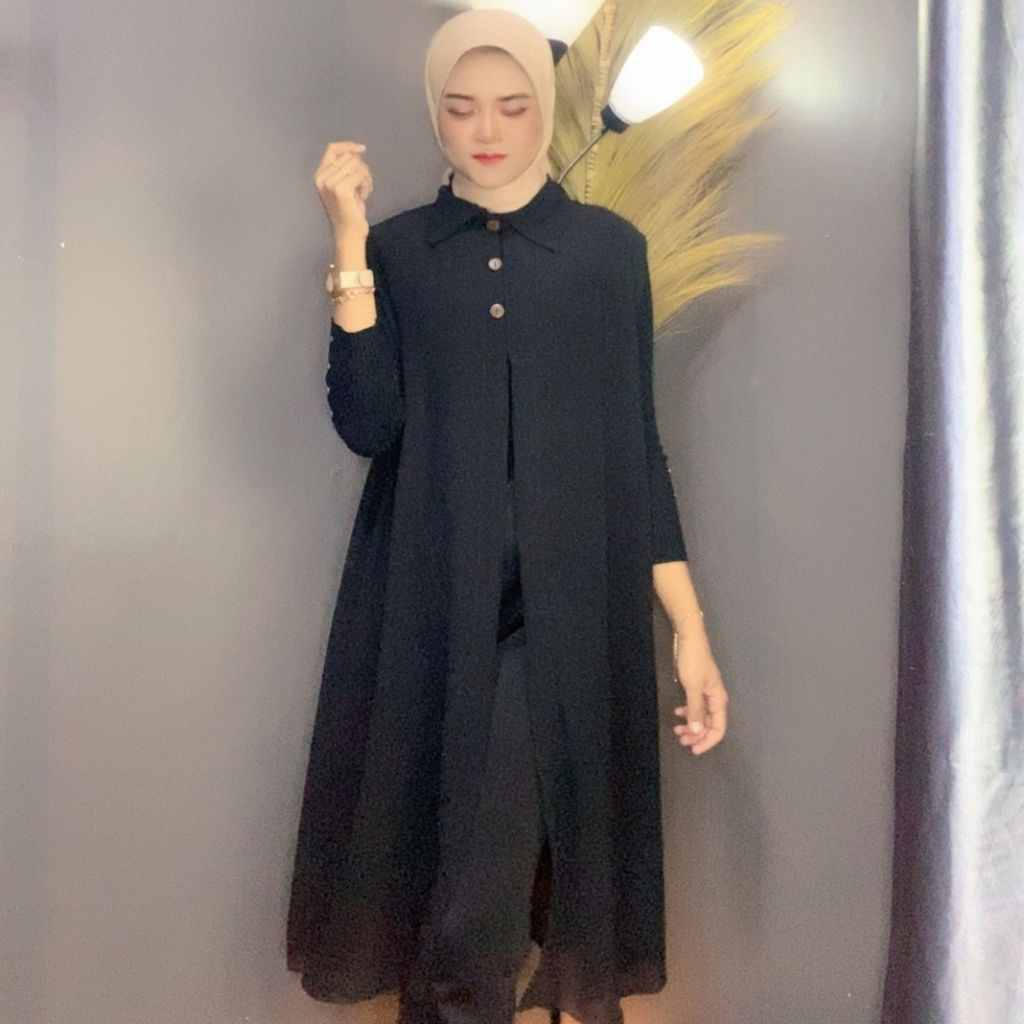Long Outer Cardigan Wanita Polos Kekinian Bahan Ceruty Babydoll Tanpa Lengan Simple Elegan