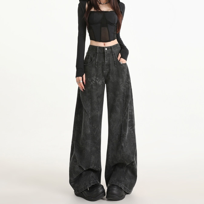 2026 Baru Hitam abu Highwaist Kulot Baggy Celana Jeans Wanita