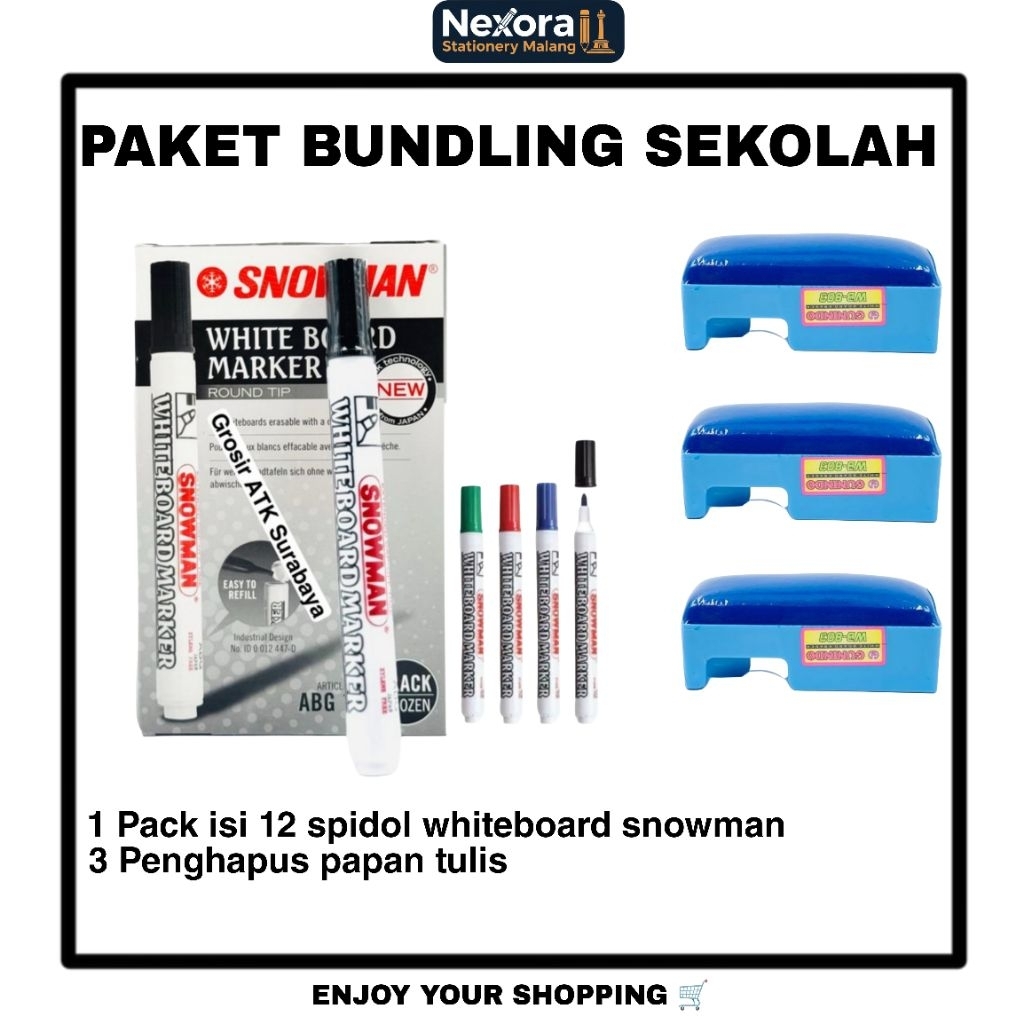Paket Spidol Whiteboard Snowman 1 Pack + Penghapus Papan Tulis 3 Pcs Hemat