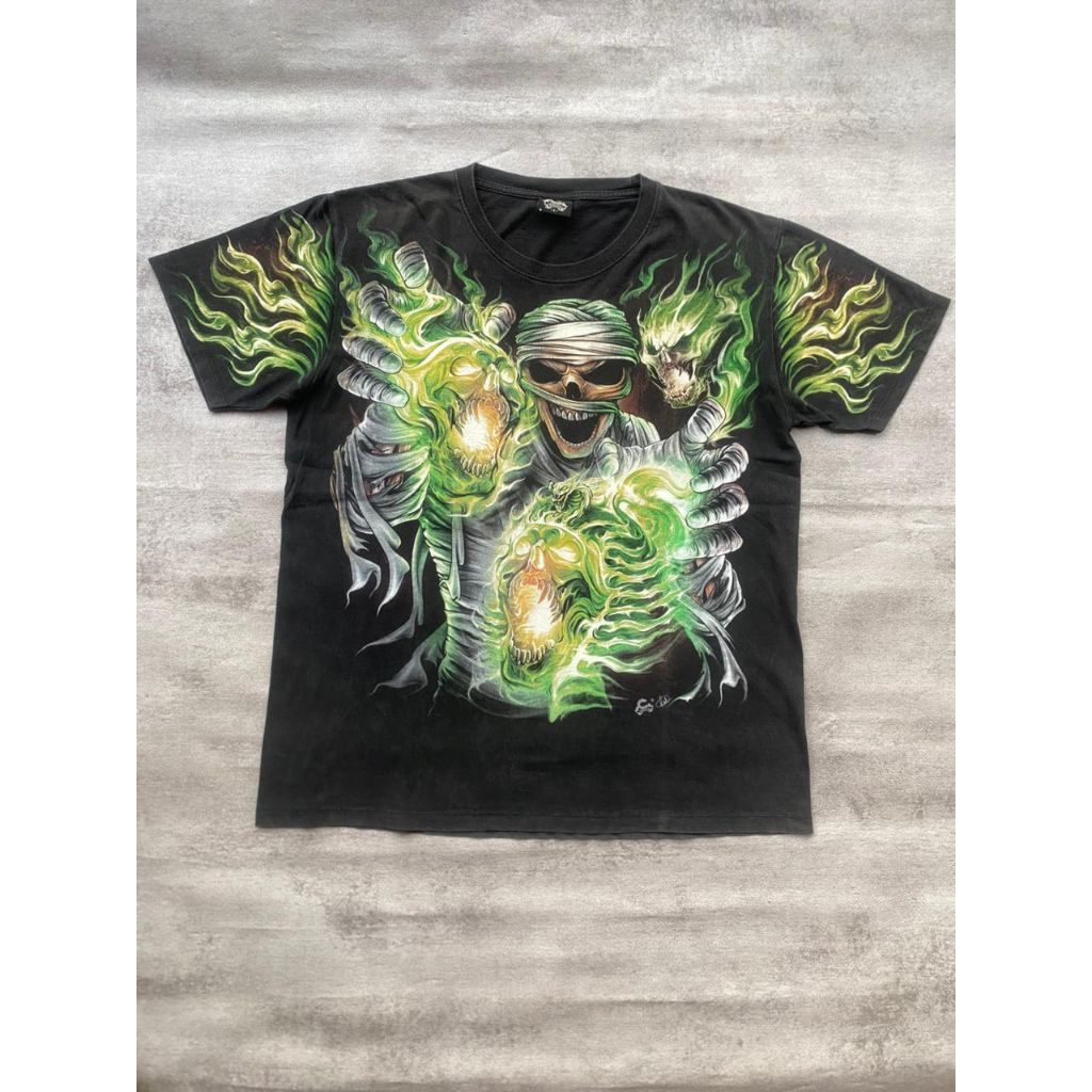 Kaos Vintage Caballo Skull Green Fire
