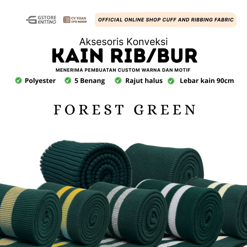 Kain Rib/Bur warna dasar hijau botol strip polos manset jaket polyester