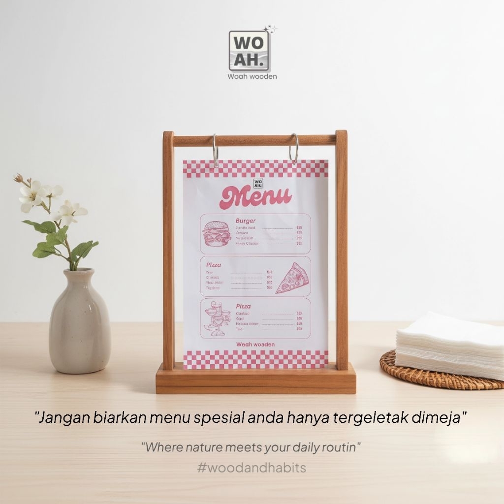 Wooden Menu Stand Ring - Tempat Menu Meja Kayu Aesthetic - Display Brosur Cafe, Resto & Coffee Shop 
