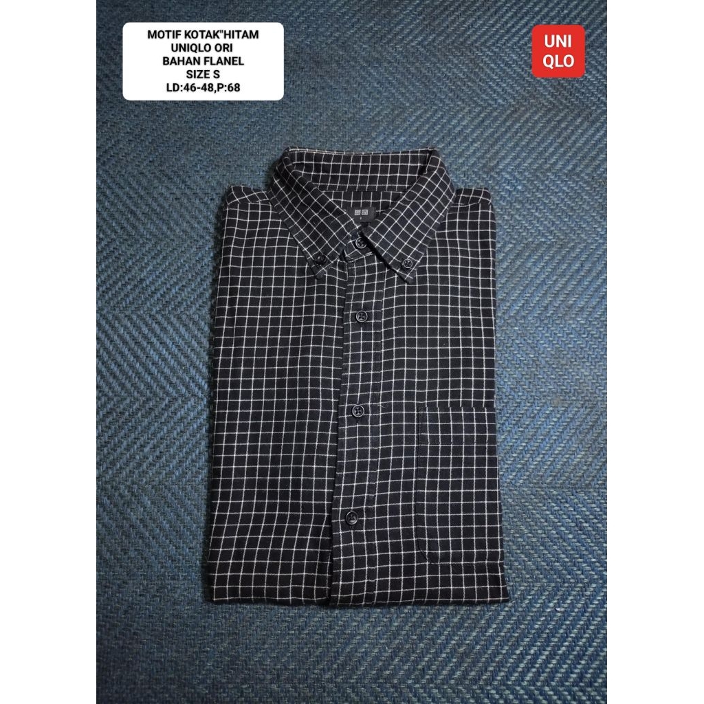KEMEJA FLANNEL KOTAK² KECIL HITAM UNIQLO OR1 SIZE S