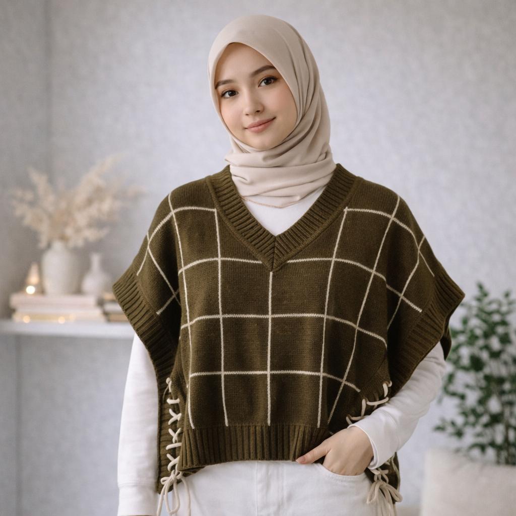 ZULAIKA VEST ROMPI RAJUT MOTIF KOTAK KOTAK TALI SAMPING WANITA