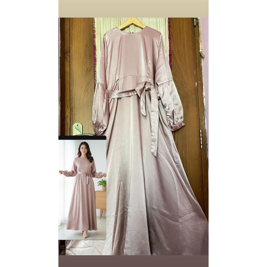 Gamis Silk Satin dengan Aksen Pita Pinggang (Rose Gold)