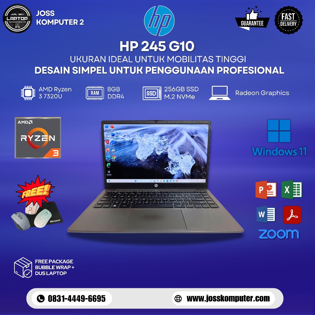 Laptop GEN TERBARU HP 245 G10 / AMD Ryzen 3 7320U / Ram 8GB / SSD 512GB NVMe / Radeon Graphics / 14"