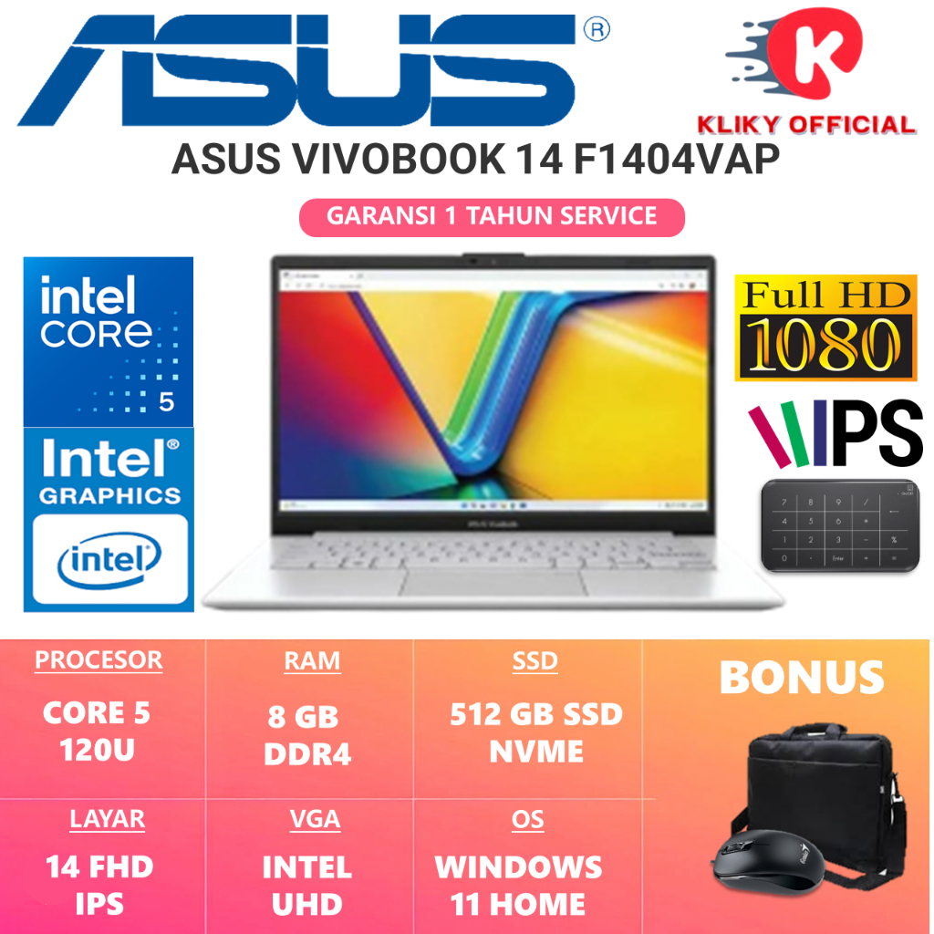 Laptop Baru ASUS VIVOBOOK 14 F1404VAP INTEL 5 120U RAM 8GB SSD 512GB 14.0 FHD IPS WINDOWS 11HOME