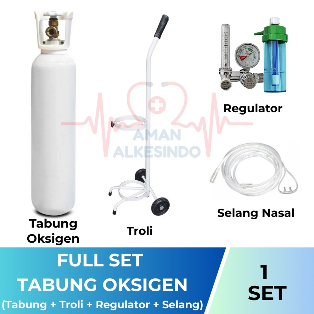 Tabung Oksigen Full Set 3 in 1 Siap Pakai Oxygen Medis (Tabung, Regulator dan Trolley)