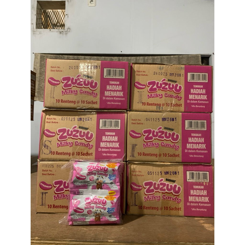 Permen Susu Strawberry Nano Nano Zuzu Kemasan 1 Kardus isi 100 Bungkus.