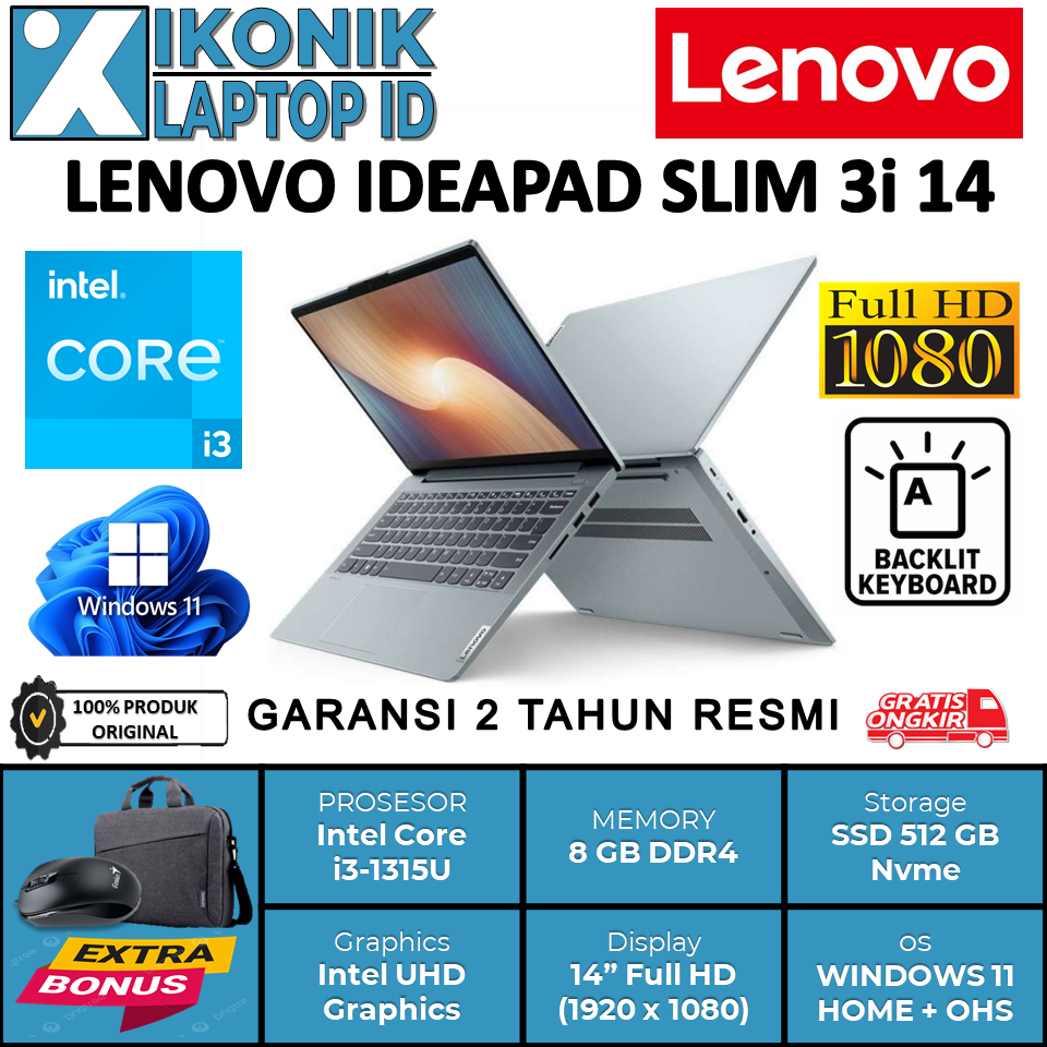 Laptop Kerja Lenovo Slim 3i 14 Intel Core i3 1315U Gen 13 Baru Ram 8 GB Ssd 512 GB Garansi Resmi ORI