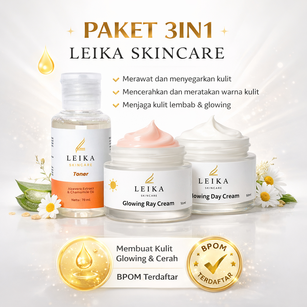 Paket 3in1 Leika Skincare BPOM Pencerah Wajah Pemutih Wajah Glowing AMPUH Pelembab Wajah Flek Hitam