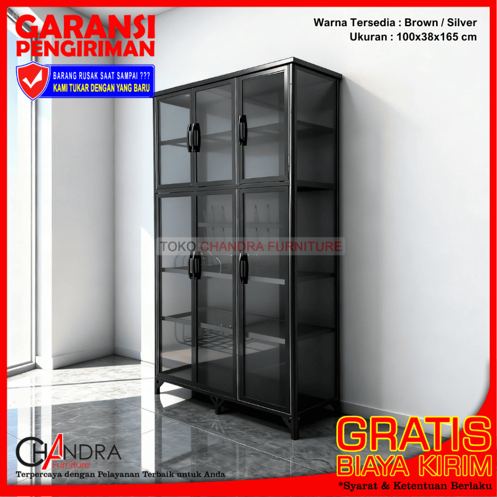 Lemari Rak Piring Aluminium 3 Pintu Brown + Kaki Kaca Riben Anti Karat (SUPER) | LRPS100