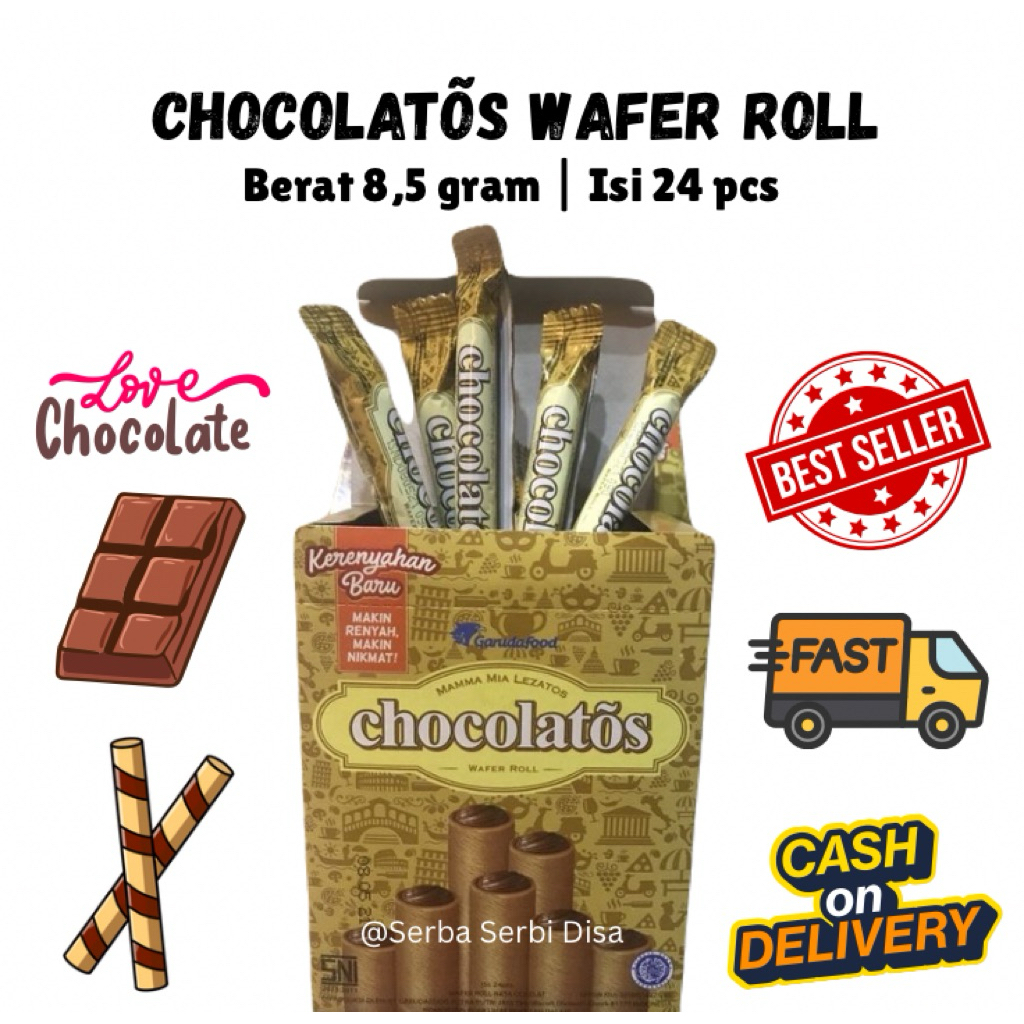 Chocolatos Wafer Roll 1 Dus Isi 24 pcs Berat 8,5 gram Wafer Rasa Coklat Manis dan Enak