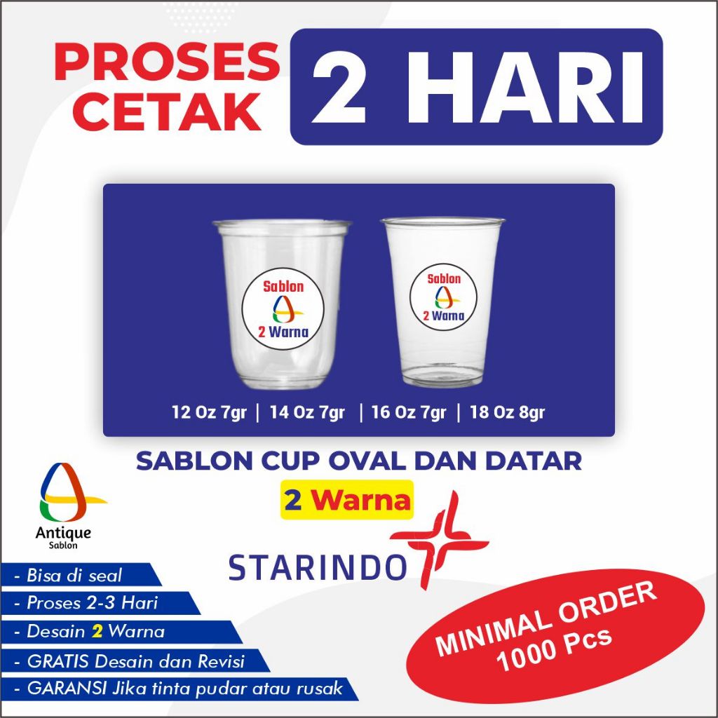 Sablon Cup 2 Warna Oval Datar STARINDO Gelas Packaging Plastik PP Custom 12 Oz, 14 Oz, 16 Oz, 18 Oz,