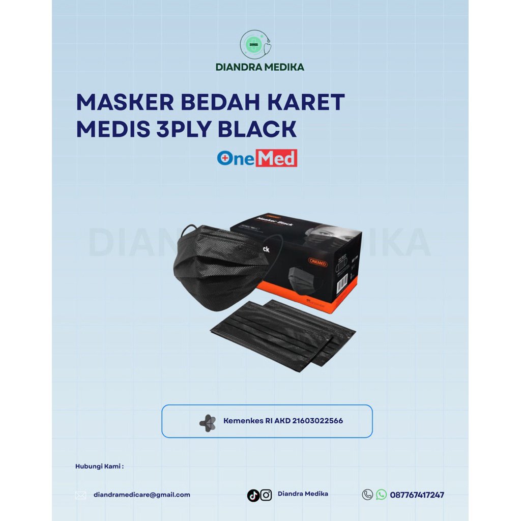 Masker Bedah Karet Medis 3Ply Black / Masker Medis OneMed / Masker Hitam