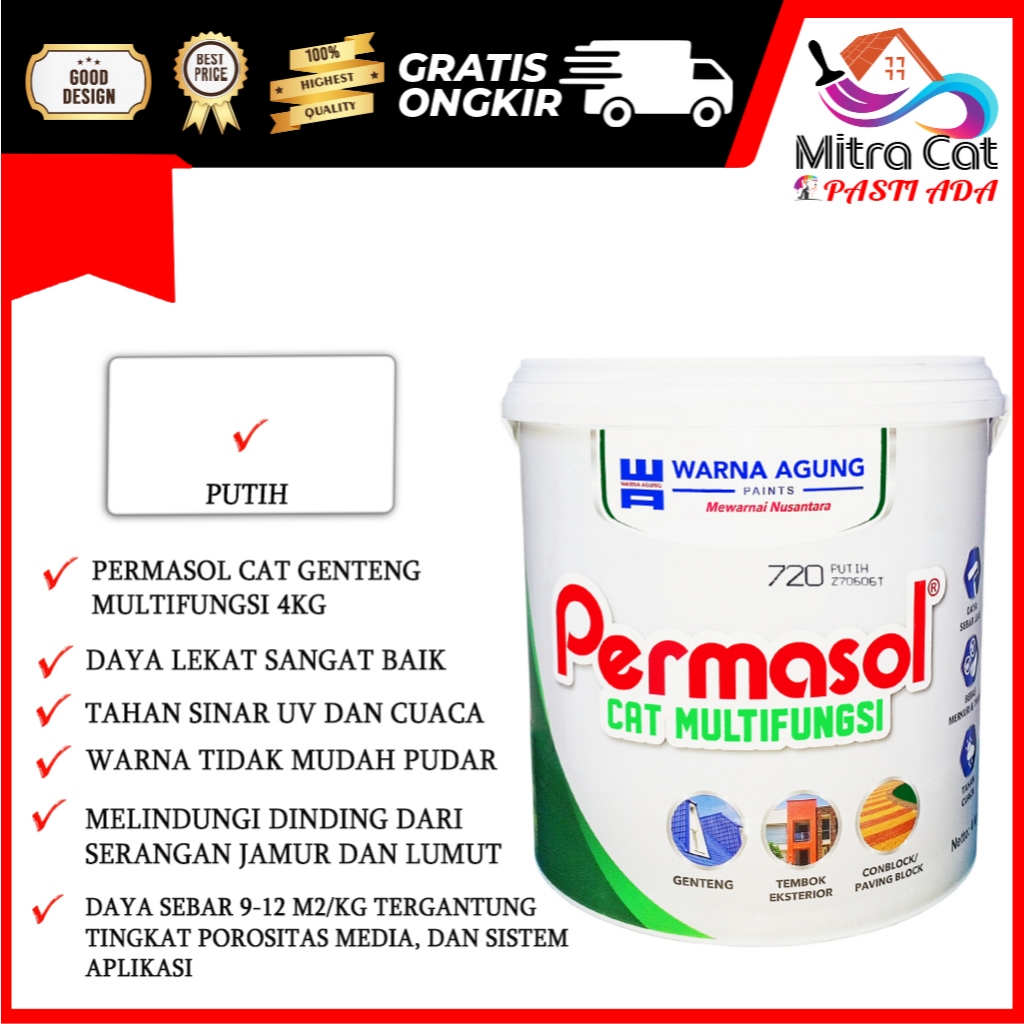 PERMASOL CAT GENTENG ACRYLIC MULTIFUNGSI PUTIH 4KG - READY MIX