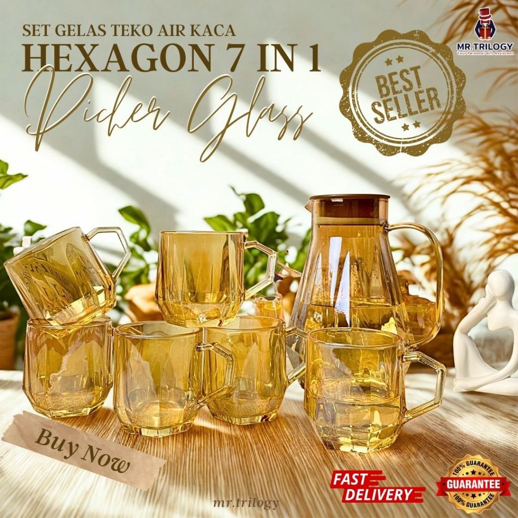 Teko Set Teko Air Kaca 7 in 1 HEXAGON GOLD Teko Set Pitcher Glass Gelas Kaca Kado Pernikahan Hadiah 