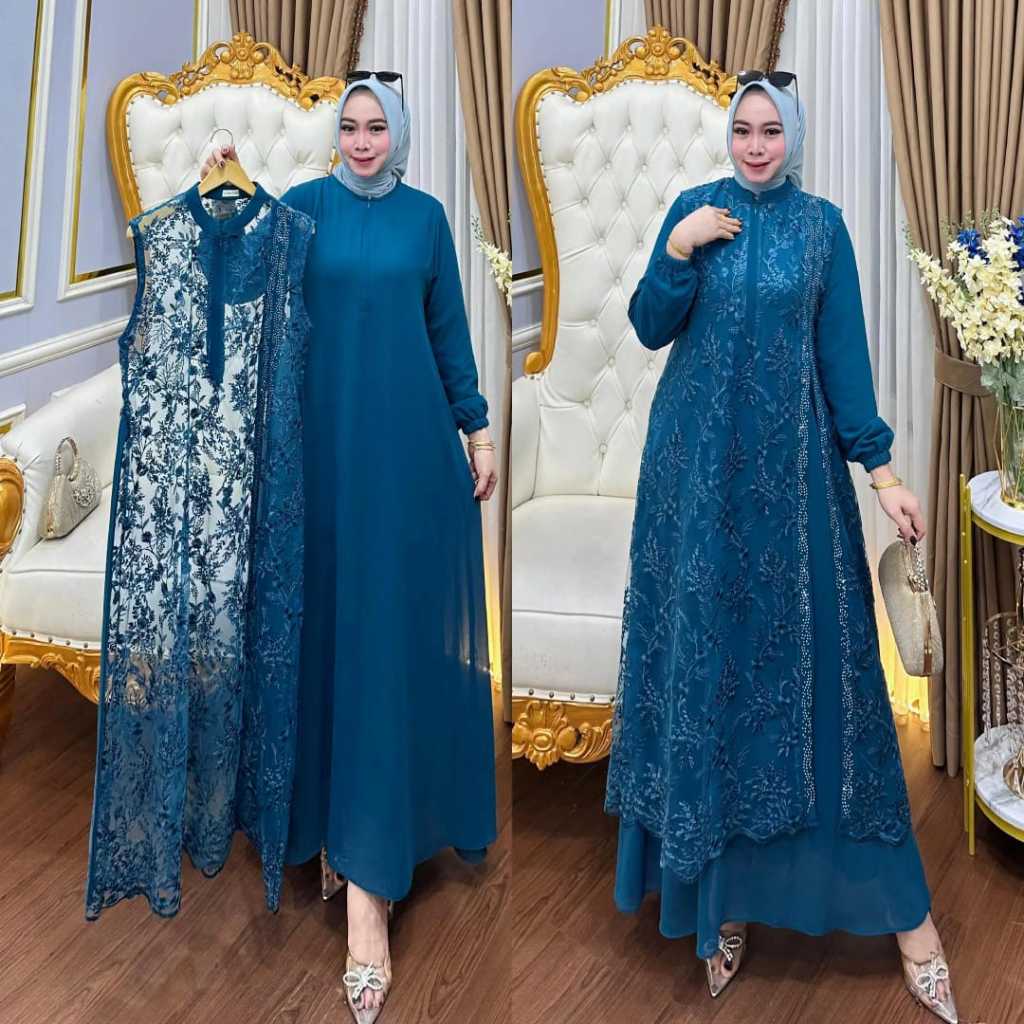 Nazzila Dress Gamis Set Outer Terpisah Matt Cerutty Babydoll Mix brukat Emerald Blue
