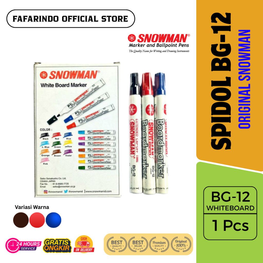 Spidol Whiteboard Snowman BG-12 Hitam, Tinta Tebal & Pekat, Refillable, Aman Digunakan