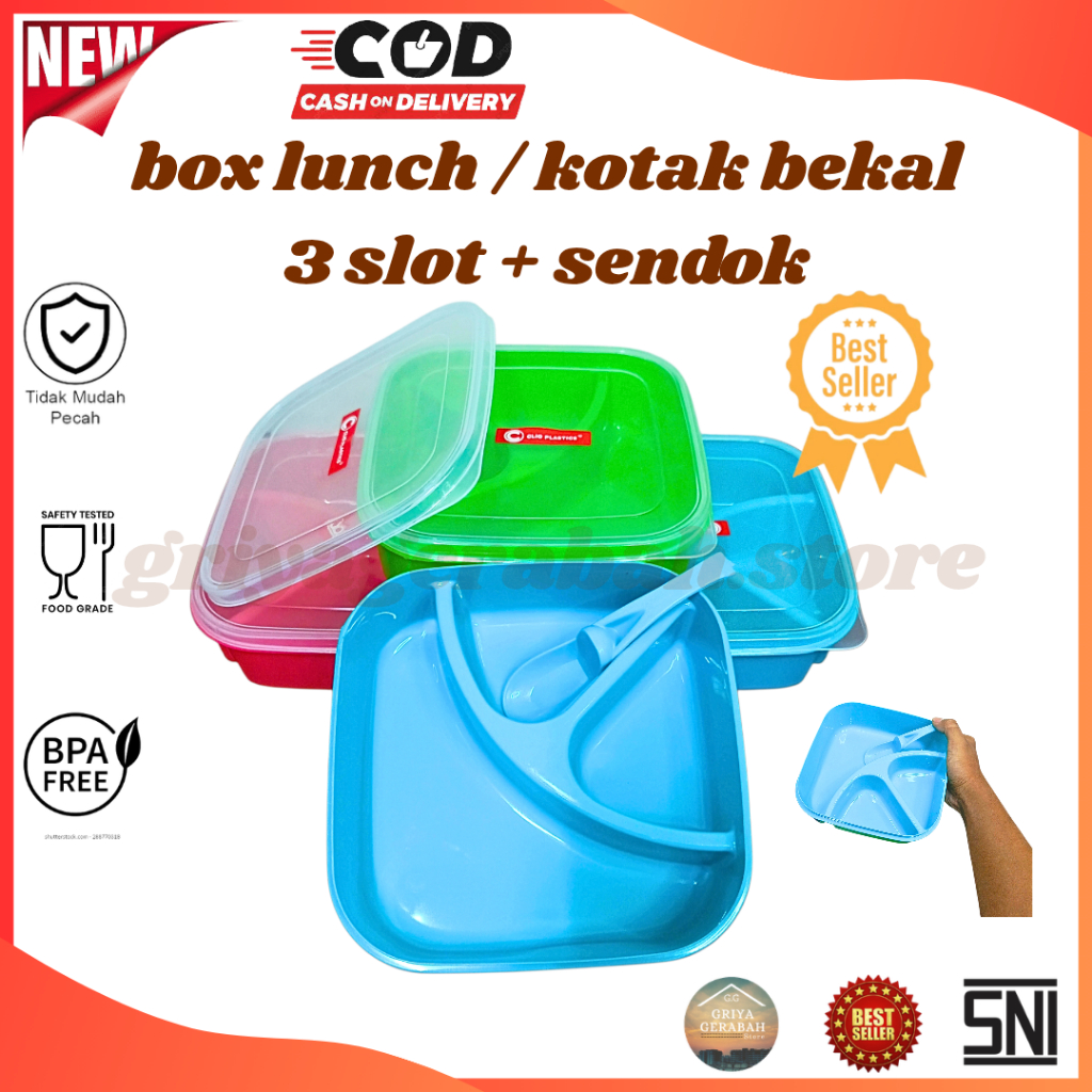 Kotak Bekal Makan / Lunch Box 3 Slot Bentuk Kotak/Kotak Nasi/Kotak Makan Anak-anak