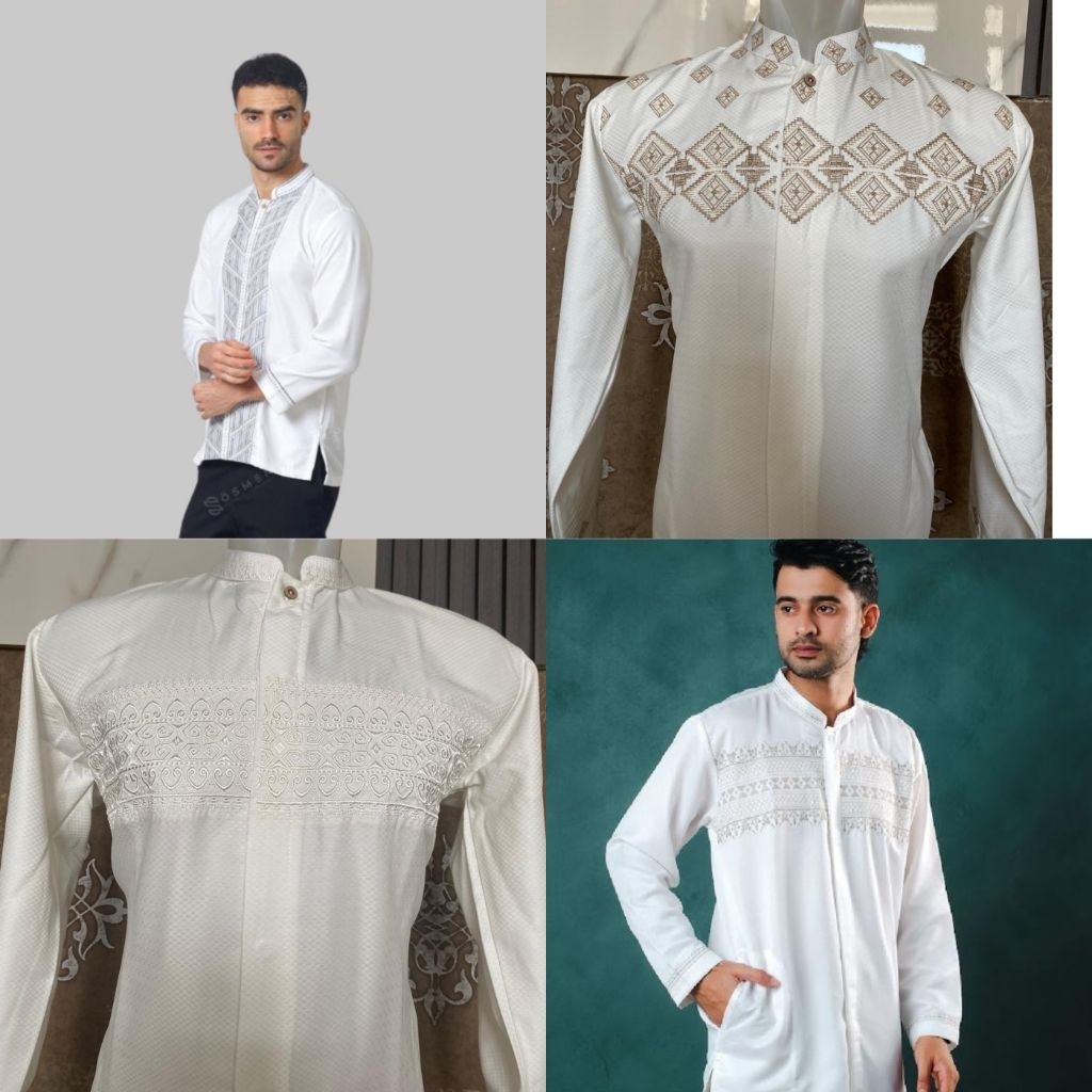 BAJU KOKO PUTIH KEMEJA TANGAN PANJANG MUSLIM PRIA BAHAN SEMI SUTRA DAN JAGUARD