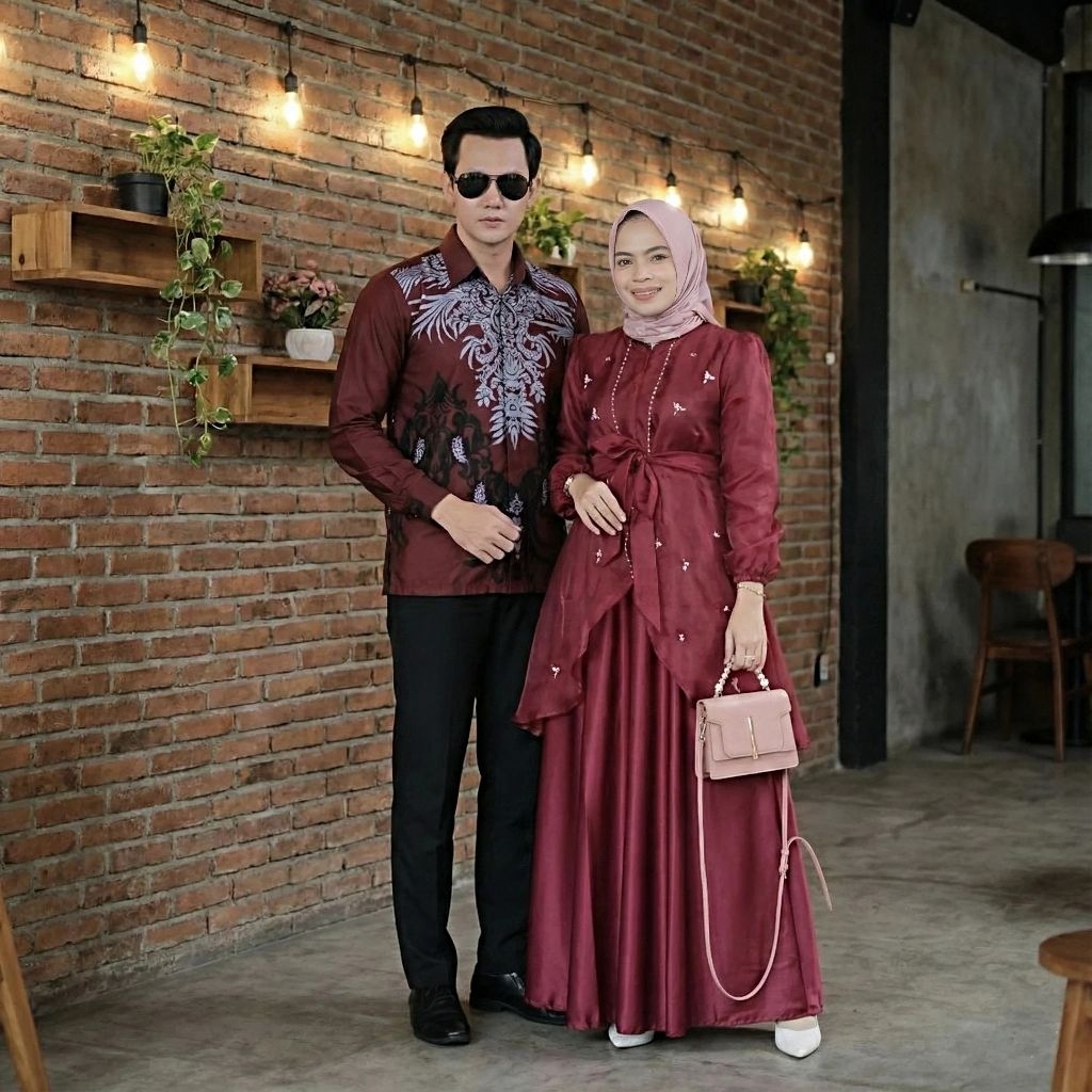 Couple Gamis Fidelya Organza COUPLE MAXI DRESS GAMIS LEBARAN 2024 KEMEJA BAHAN KATUN PRIMA SIZE M L 