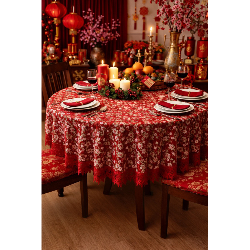 Taplak Meja Makan Renda Bordir | Taplak Meja Kain Bulat Premium 4-6 Kursi