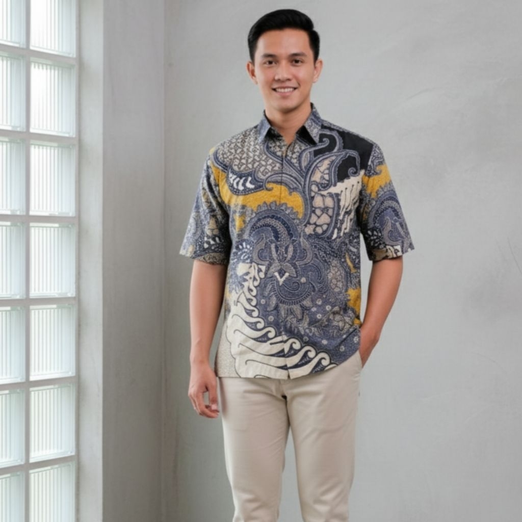 MOTIF " SALUR KUNING " Kemeja Batik Pria Katun Premium Lapis furing
