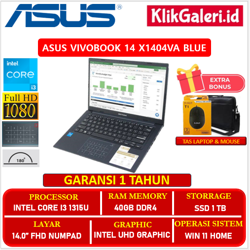 ASUS Vivobook 14 Slim Laptop X1404VA Core i3 1315U RAM 4GB 1TB SSD FHD Win 11 Ori Blue