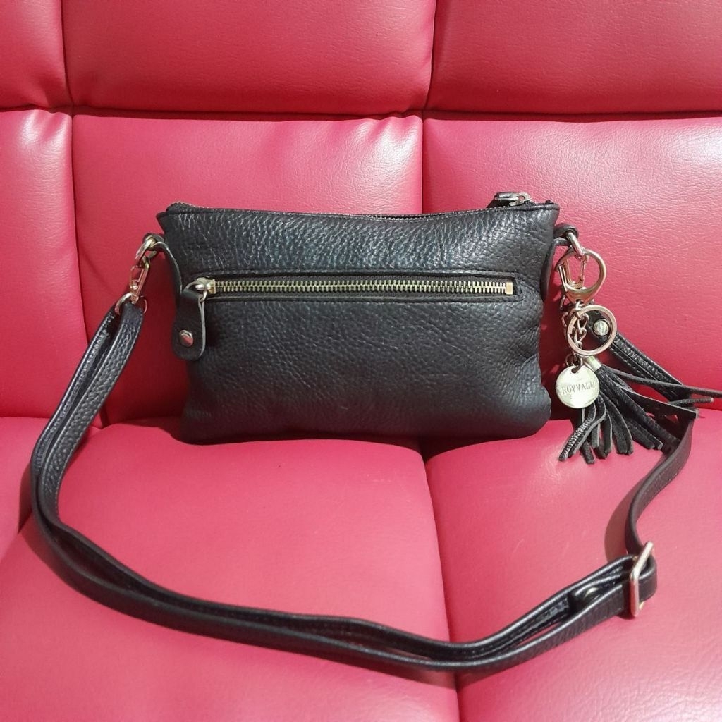 Tas Sling HP Cewek ROYVALU BLACK LEATHER Kulit Asli