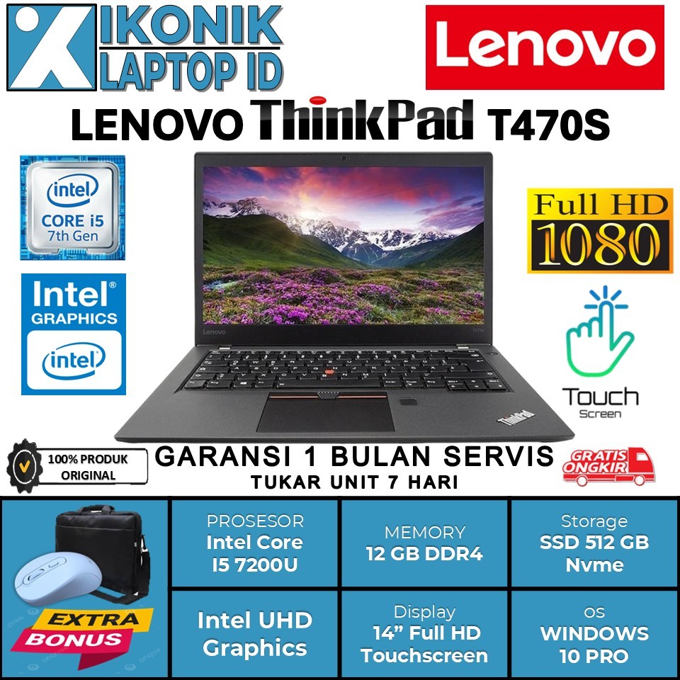 Laptop Kerja Murah Lenovo Thinkpad T470s Intel i5 7200U Ram 12GB 512GB Ssd 14.0 Full HD Touchscreen