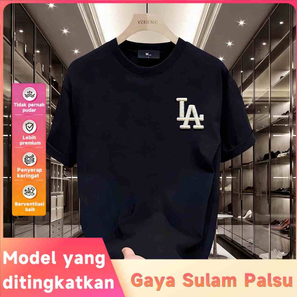 Kaos Gaya Amerika Brand Trendy Pria - Motif Sulam Palsu Katun Oversize Kerah Bulat Lengan Pendek Bar