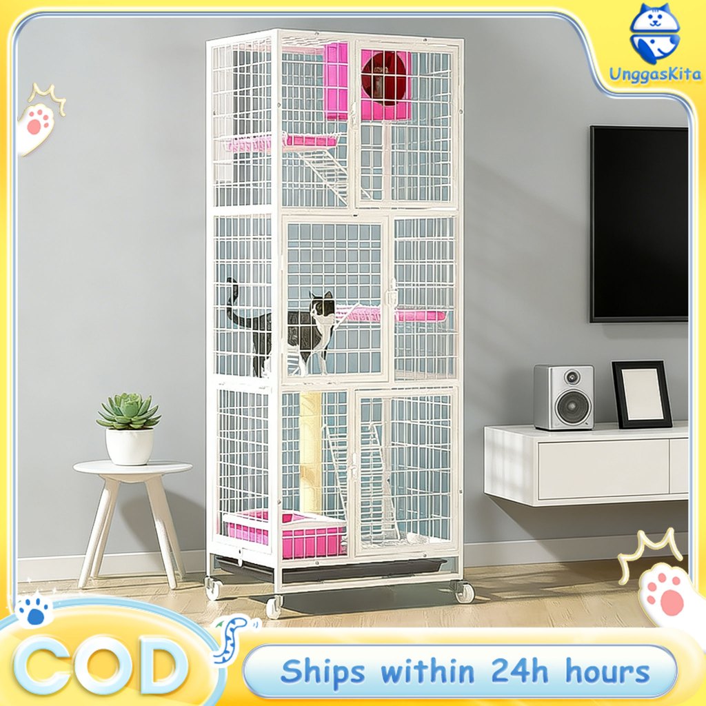 Kandang Kucing Besar 4 Tingkat Putih 60x147cm Rangka Pipa Persegi Ramping dengan Nampan Roda Praktis