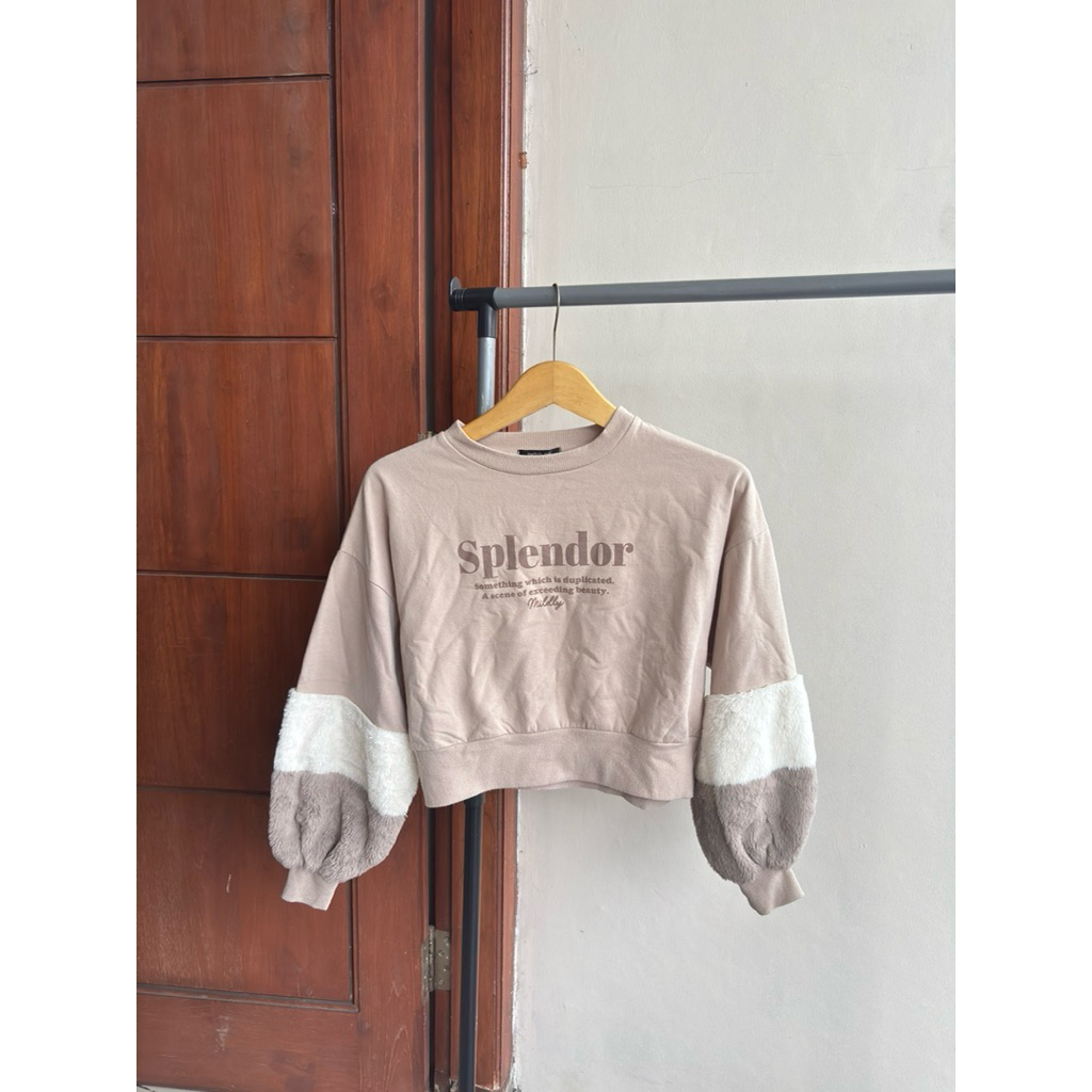 atasan sweater crewneck mix rajut sherpa - sweater crop lengan balon - crop sweater