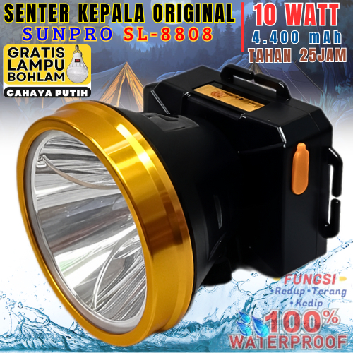 Headlamp/Senter Kepala Sunpro Sl-8808 Putih 10 Watt Bonus Lampu | Senter Kepala Led Super Terang Dan