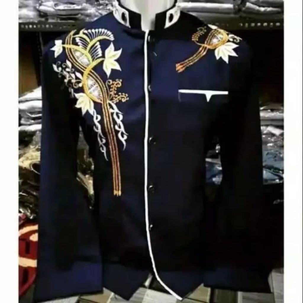 JASKO BORDIR | JASKOKO PRIA DEWASA | JAS KOKO MODERN - BIRU NAVY DONGKER LIS PUTIH