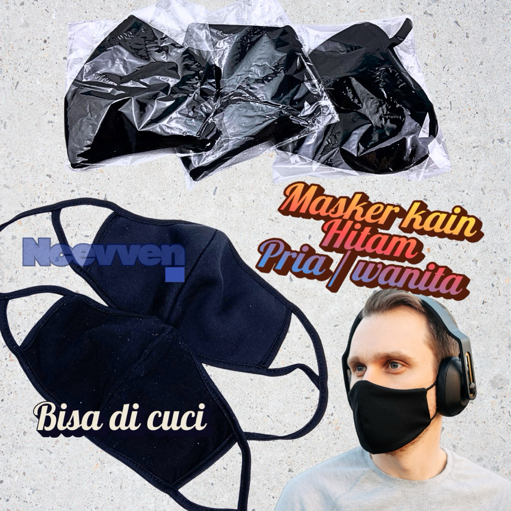 6pc Masker kain hijab 2lapis 3 ply polos hitam kuping mulut wajah debu pelindung katun tebal premium