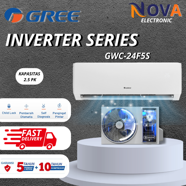 AC Gree 2.5 Pk Inverter GWC-24F5S Hemat Listrik 50% warna putih unit only ( indoor & outdoor )
