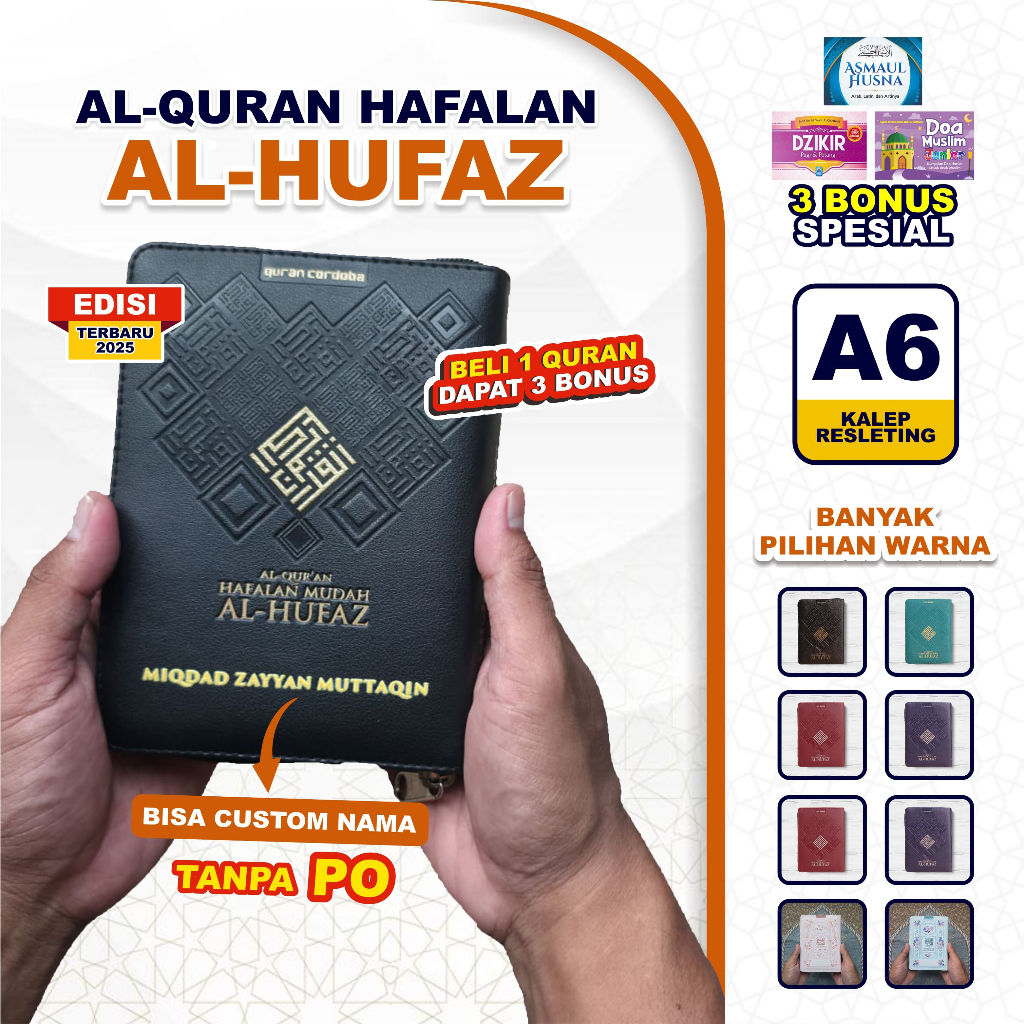 (Bisa Custom Nama) Al-Hufaz A6 Resleting Terjemah Tajwid Warna Al-Quran Hafalan Mudah Bonus 3 Buku