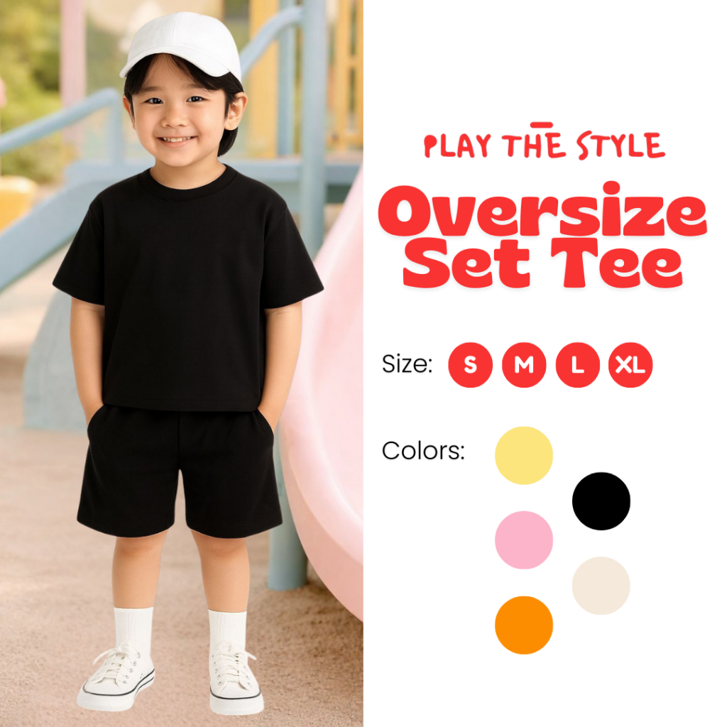 PlayTheStyle Oversize Set Tee Anak Korean Style Black | Set Anak Korean Look | Bahan Premium Adem S–