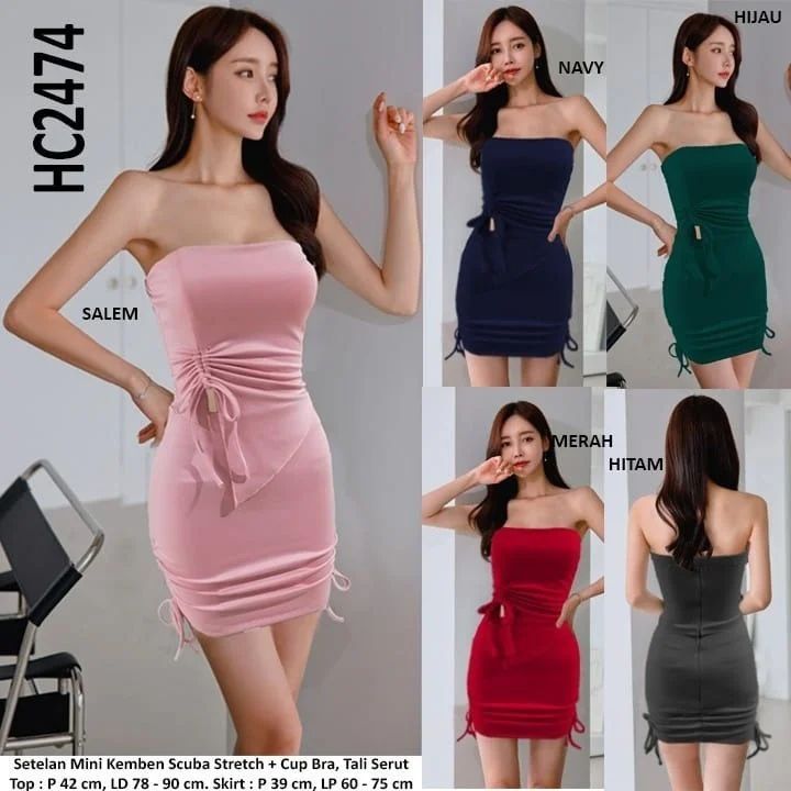 HC2474 Setelan mini kemben scuba stretch + cup bra, tali serut